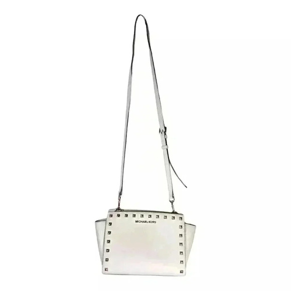 Michael Kors Selma Studded Shoulder Crossbody White Leather Gold Small - Picture 10 of 10